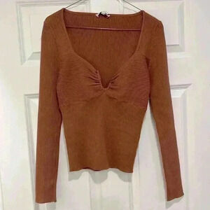 Lucy Paris Ribbed Knit Top Long Sleeve Split Neck Top Stretchy Rust color M